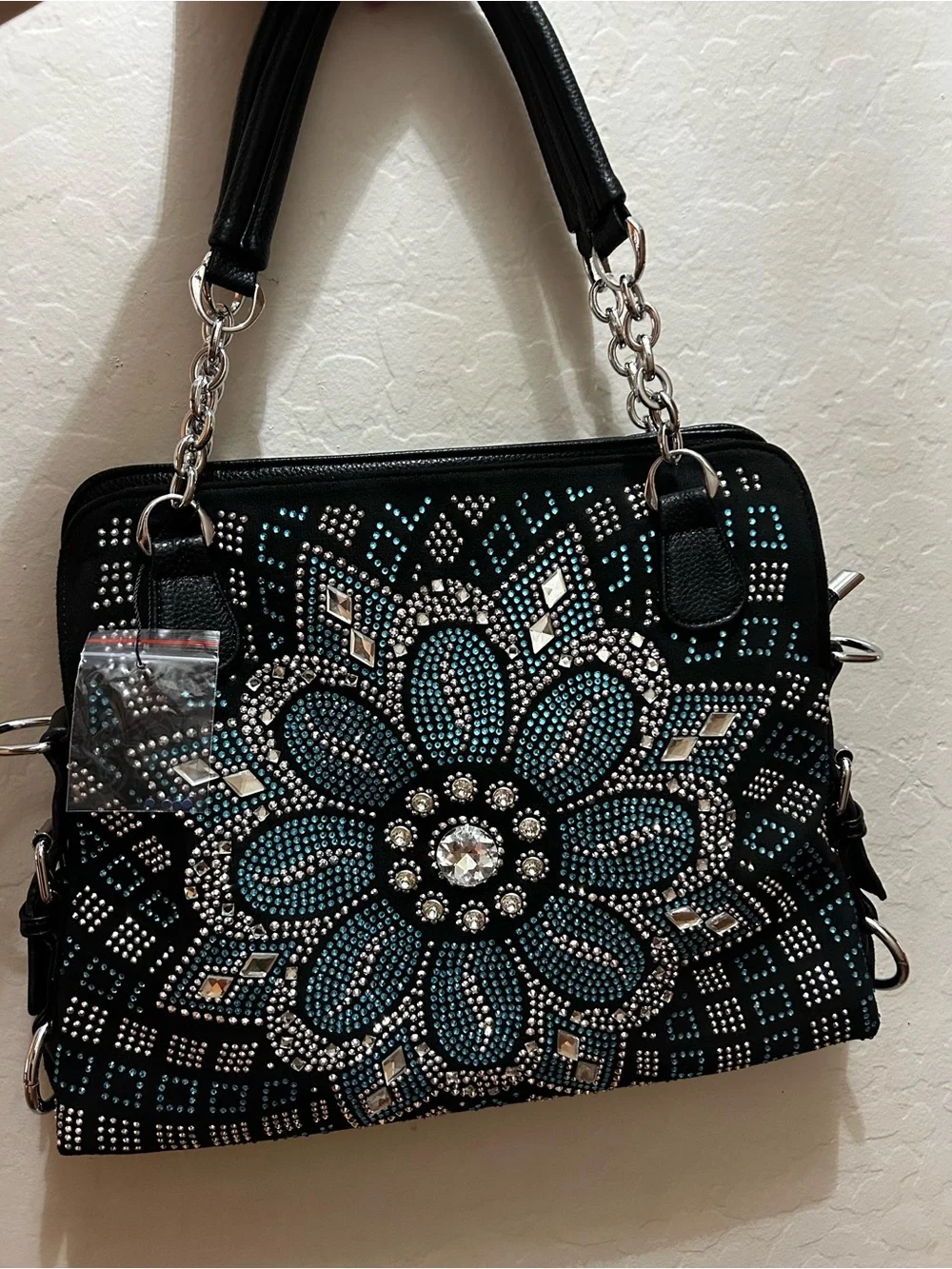 Black Floral Crystal-Embellished Shoulder Bag